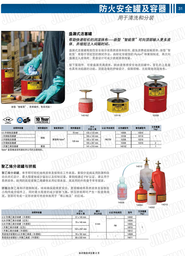 美國杰斯瑞特，JUSTRITE，活塞安全罐，盛漏式活塞罐，化學(xué)品分裝罐，